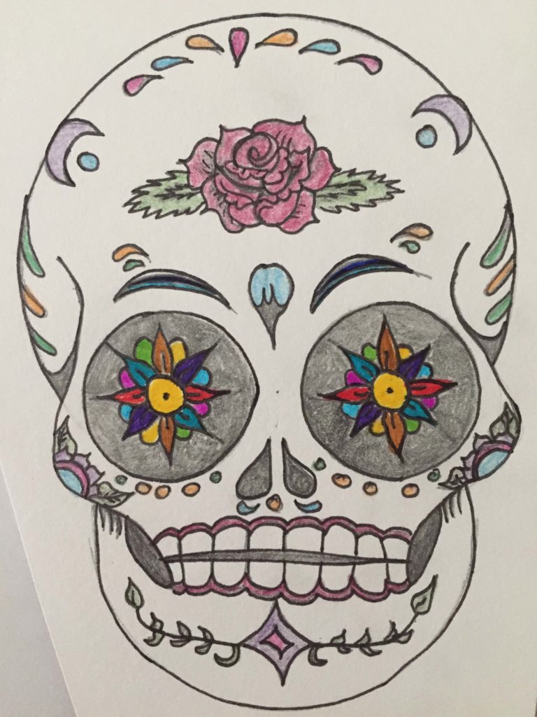 Cela représente un crâne mexicain décoré avec une rose