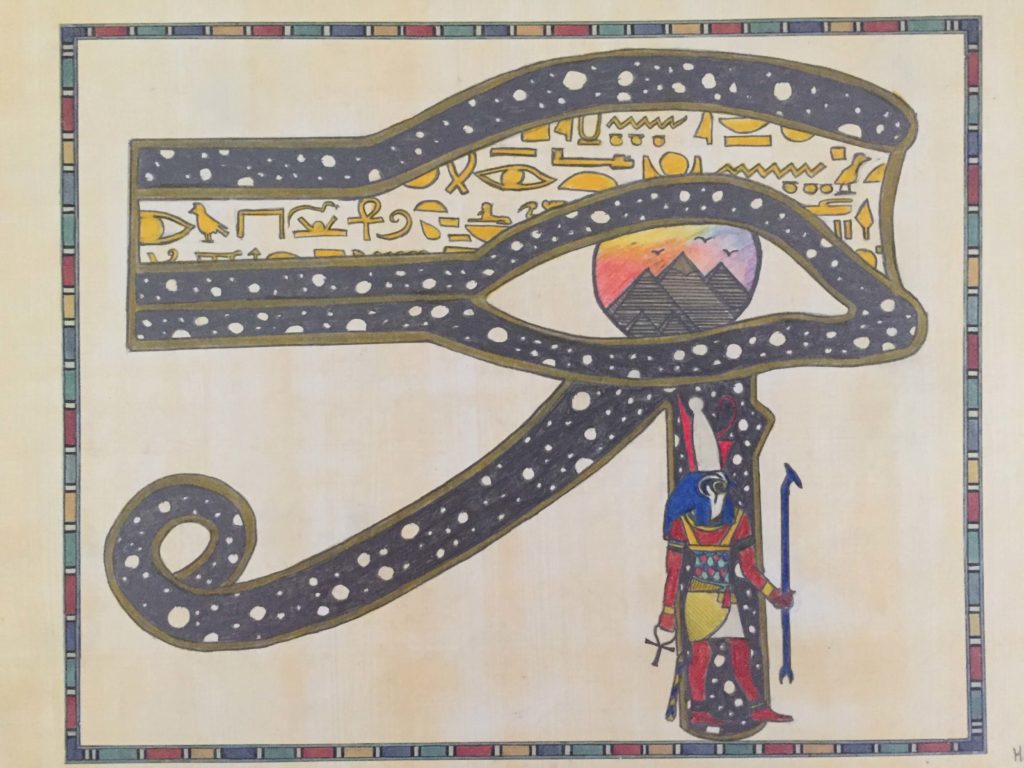 Cela représente un dessin style Egyptien avec l'Udjat et Horus