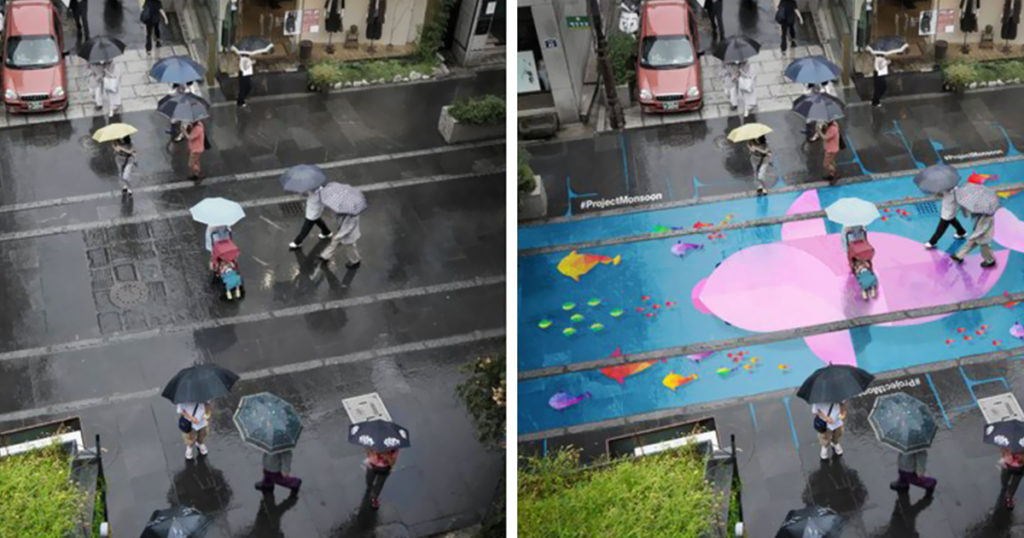 Images avant et après la pluie avec les couleurs des dessins qui ressortent.