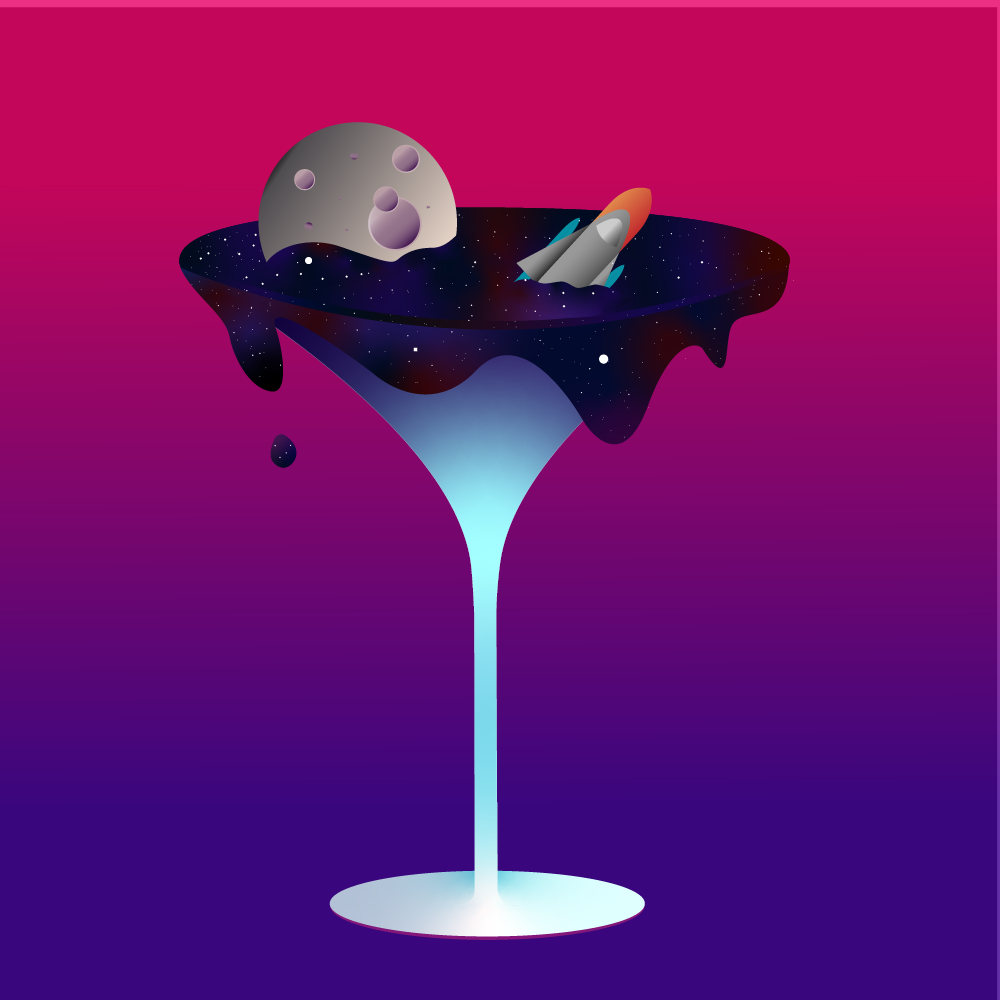 design d'un cocktail avec l'univers et des glaçons lune et fusée